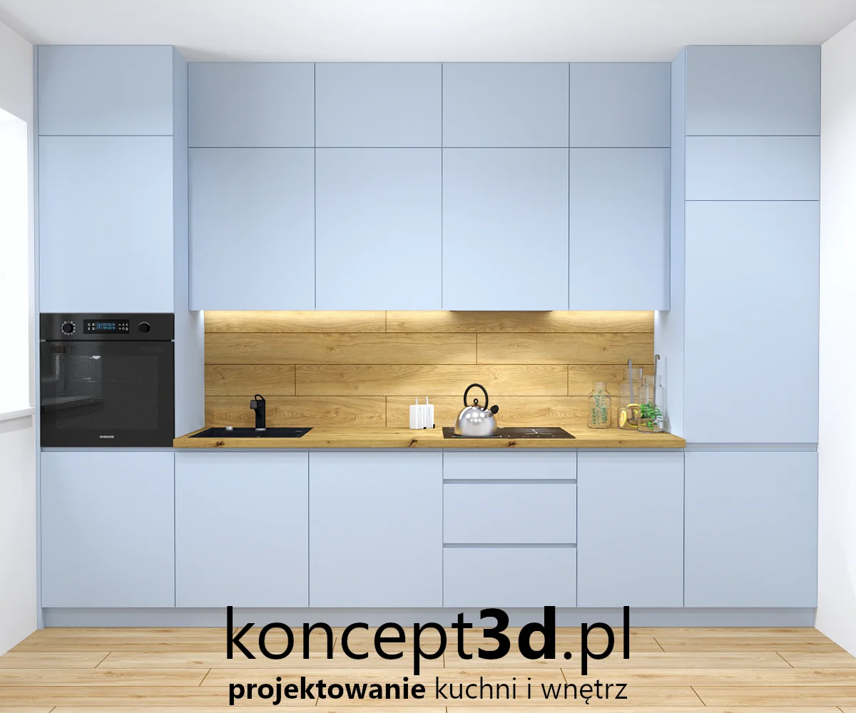 błękitna kuchnia z drewnem i stolikiem przy ścianie