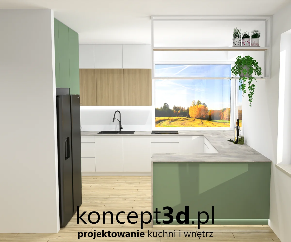 wizualizacja kuchni z zielonymi elementami i loftową półką